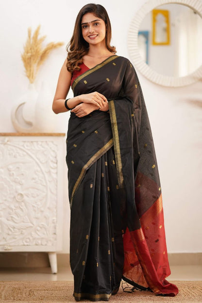 Trendy Black Cotton Silk Saree With Marvellous Blouse Piece