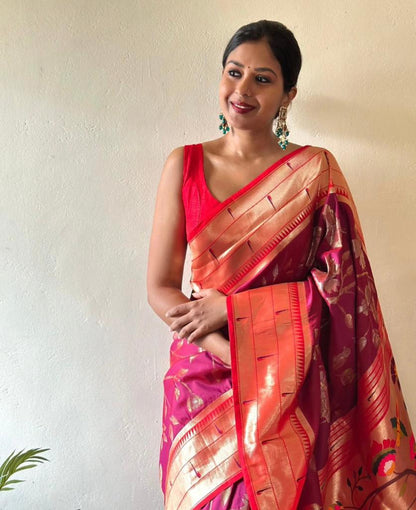 Symmetrical Dark Pink Paithani Silk Saree With Epiphany Blouse Piece