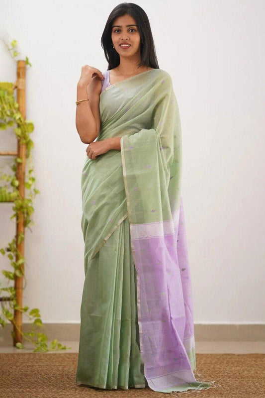 Magnetic Pista Cotton Silk Saree With Beleaguer Blouse Piece