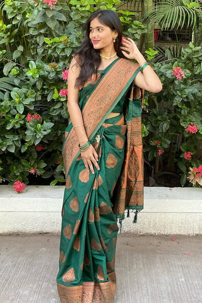 Desiring Dark Green Soft Silk Saree With Serendipity Blouse Piece