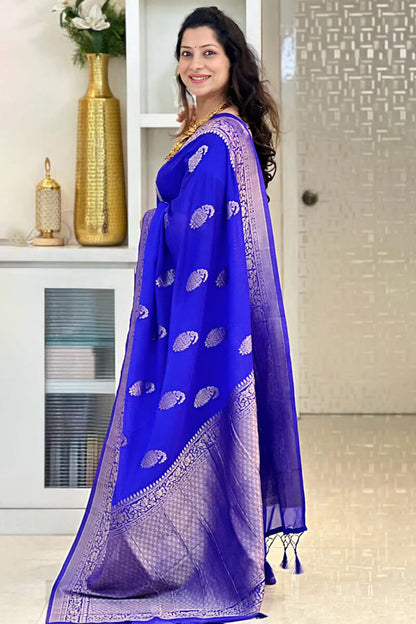 Enchanting Royal Blue Soft Silk Saree With Ethnic Blouse Piece