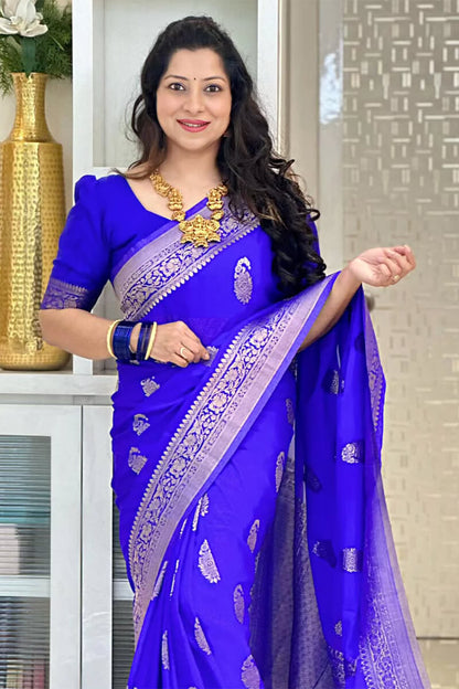 Enchanting Royal Blue Soft Silk Saree With Ethnic Blouse Piece