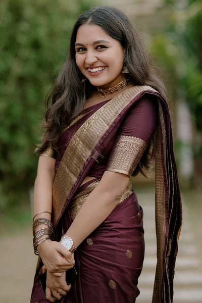 Glorious Wine Soft Silk Saree With Desirable Blouse Piece