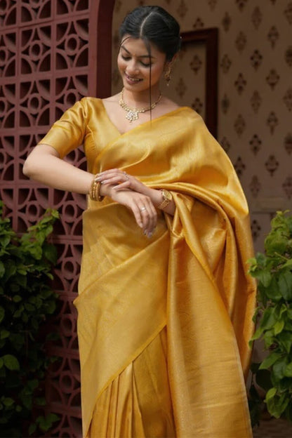 Embrocation Yellow Soft Silk Saree With Aplomb Blouse Piece