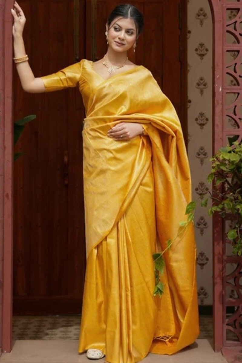 Embrocation Yellow Soft Silk Saree With Aplomb Blouse Piece