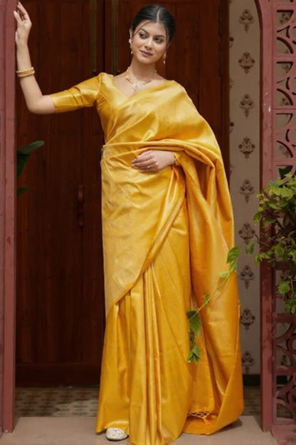 Embrocation Yellow Soft Silk Saree With Aplomb Blouse Piece