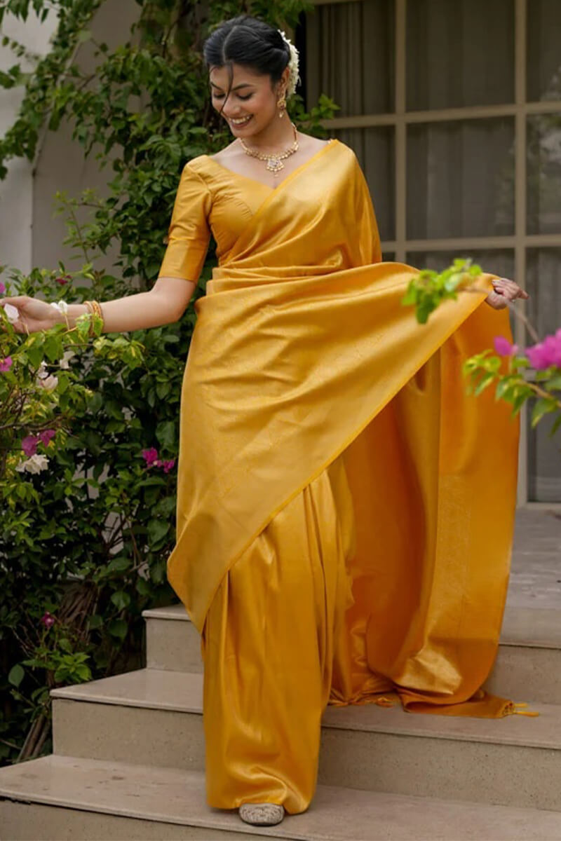 Embrocation Yellow Soft Silk Saree With Aplomb Blouse Piece