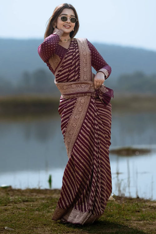 Exceptional Wine Soft Silk Saree With Cynosure Blouse Piece