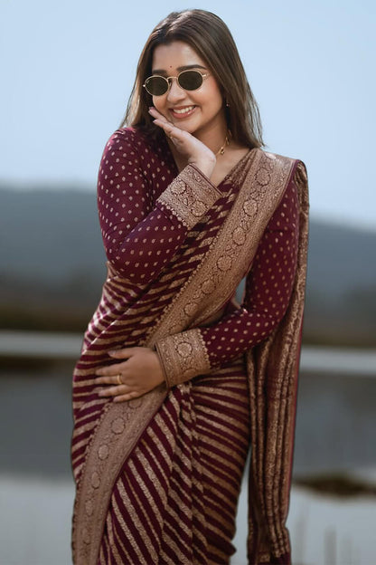 Exceptional Wine Soft Silk Saree With Cynosure Blouse Piece
