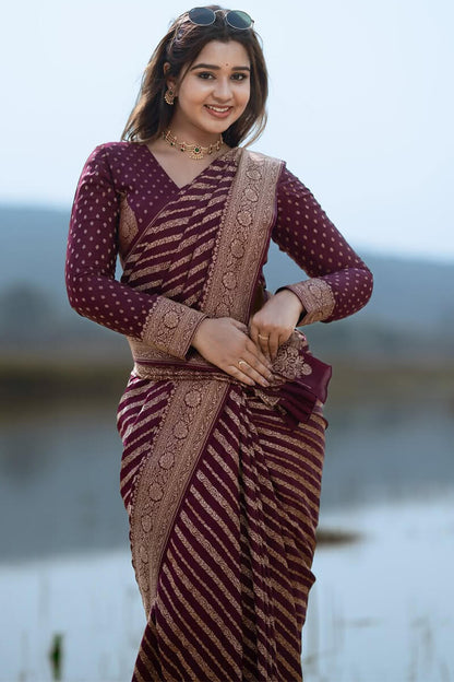 Exceptional Wine Soft Silk Saree With Cynosure Blouse Piece