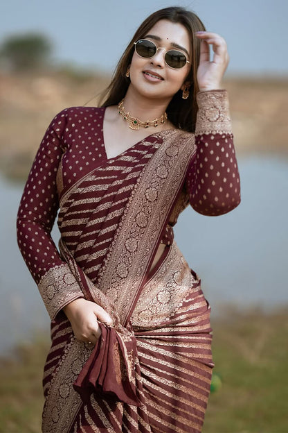 Exceptional Wine Soft Silk Saree With Cynosure Blouse Piece