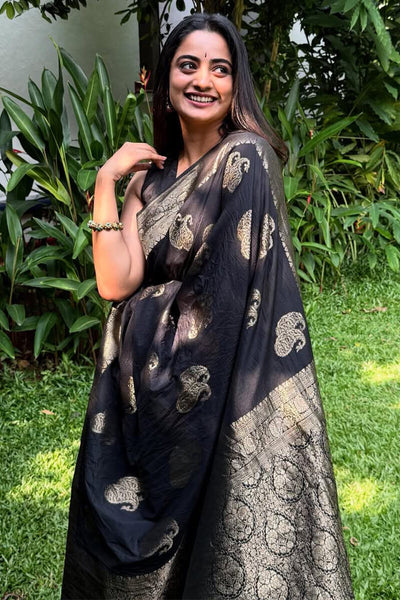 Gossamer Black Soft Silk Saree With Transcendent Blouse Piece