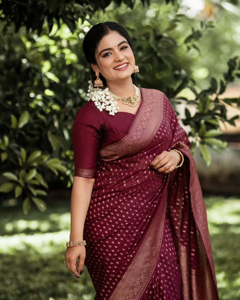 Adorable Wine Soft Silk Saree With Gratifying Blouse Piece