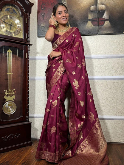 Demure Wine Soft Silk Saree With Diaphanous Blouse Piece