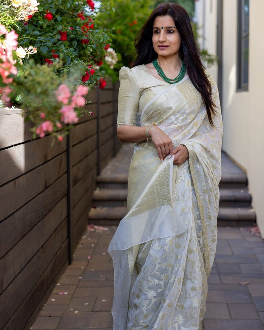 Designer Beige Cotton Silk Saree With Entrancing Blouse Piece