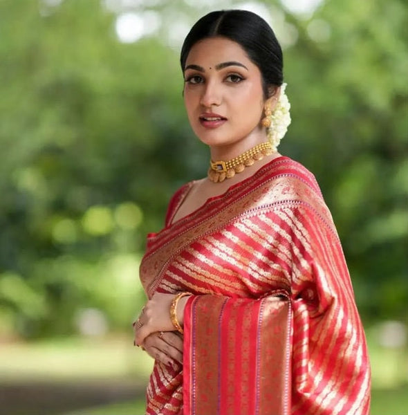 Panoply Red Soft Silk Saree With Dissemble Blouse Piece