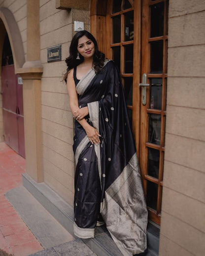 Assemblage Black Soft Silk Saree With Ebullience Blouse Piece