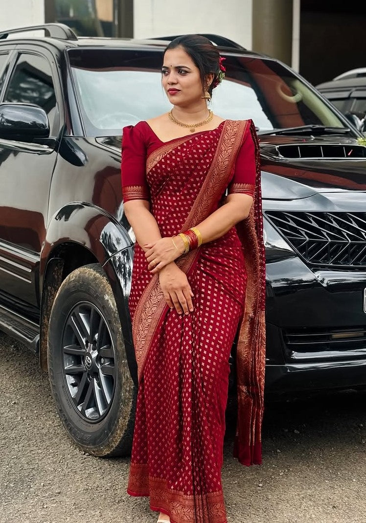 Lovely Wine Soft Silk Saree With Outstanding Blouse Piece