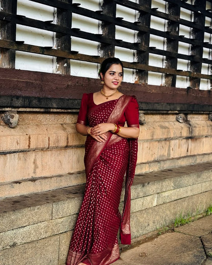 Lovely Wine Soft Silk Saree With Outstanding Blouse Piece