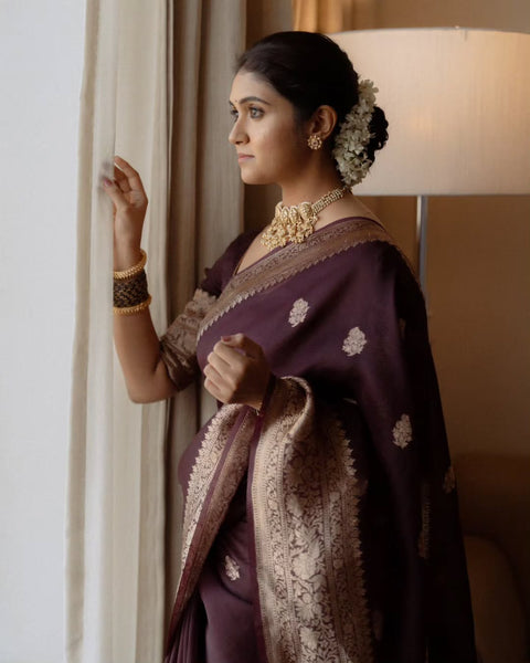 Incredible Wine Soft Silk Saree With Sizzling Blouse Piece