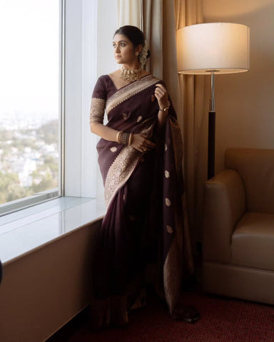 Incredible Wine Soft Silk Saree With Sizzling Blouse Piece
