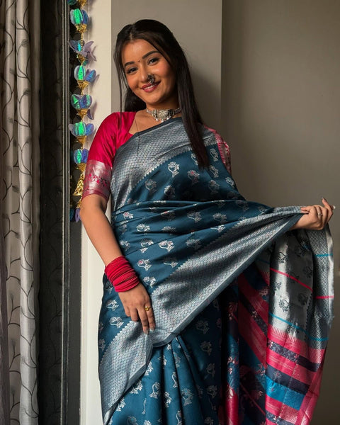Wonderful Teal Blue Soft Silk Saree With Luminous Blouse Piece