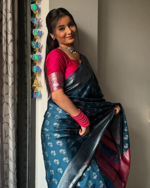 Wonderful Teal Blue Soft Silk Saree With Luminous Blouse Piece