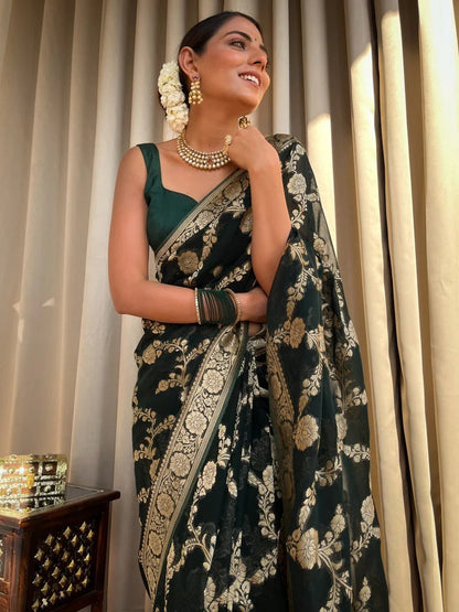 Ethnic Dark Green Soft Silk Saree With Unique Blouse Piece