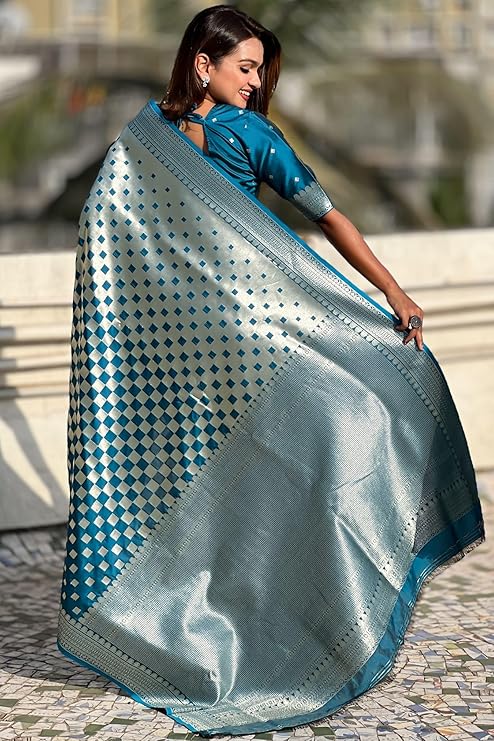 Beguiling Firozi Soft Silk Saree With Dazzling Blouse Piece