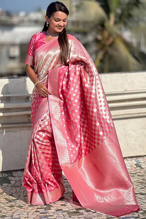 Charming Pink Soft Silk Saree With Blooming Blouse Piece