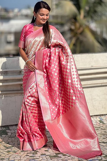 Charming Pink Soft Silk Saree With Blooming Blouse Piece
