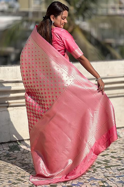 Charming Pink Soft Silk Saree With Blooming Blouse Piece