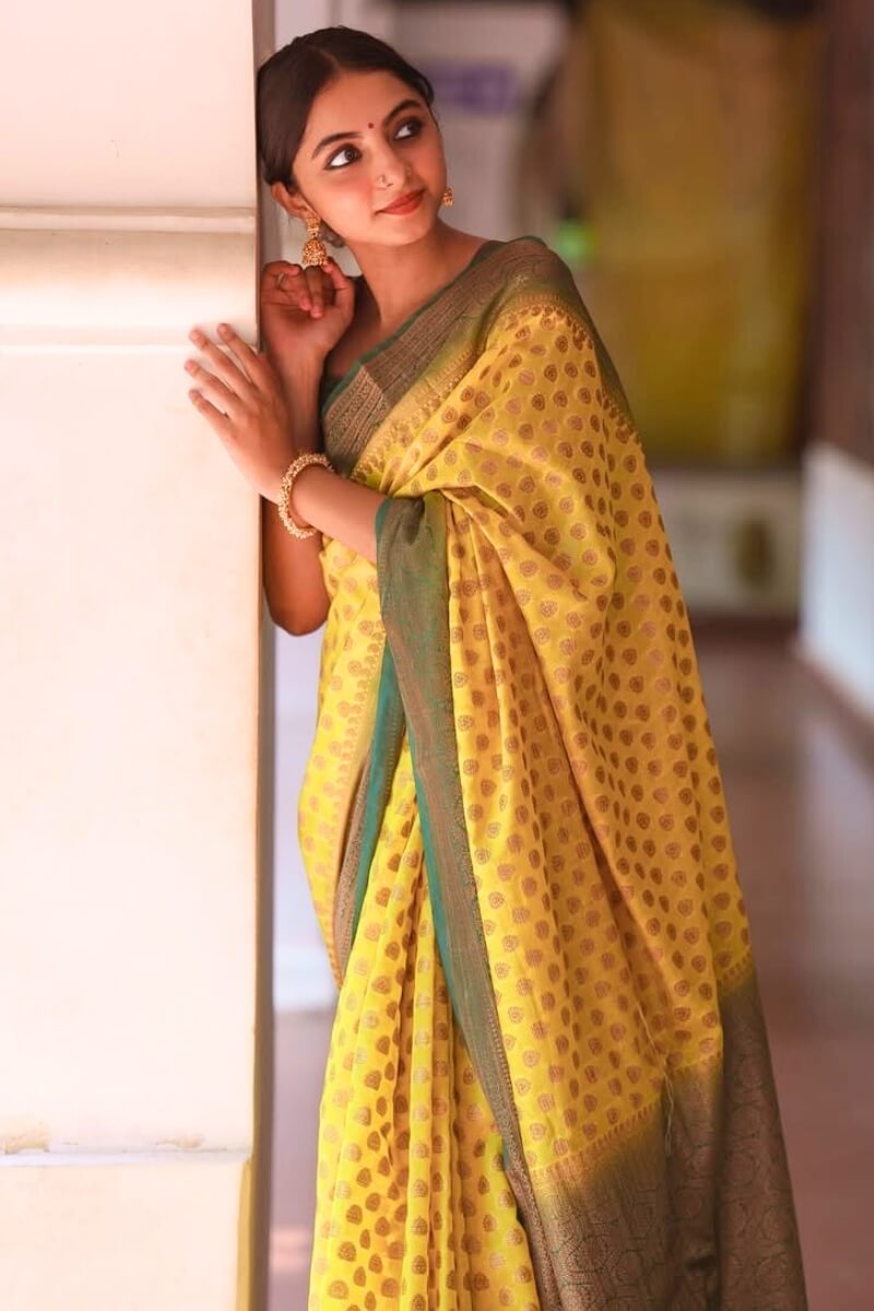 Ephemeral Yellow Soft Silk Saree With Ornate Blouse Piece