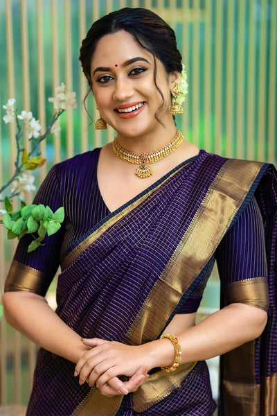 Adoring Navy Blue Soft Silk Saree With Delightful Blouse Piece