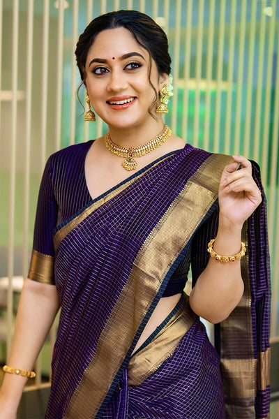 Adoring Navy Blue Soft Silk Saree With Delightful Blouse Piece