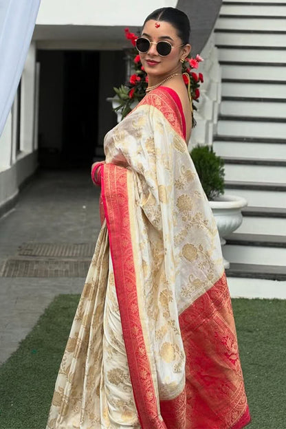 Elision Beige Soft Silk Saree With Elaborate Blouse Piece