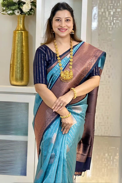 Verdant Firozi Soft Silk Saree With Supernal Blouse Piece