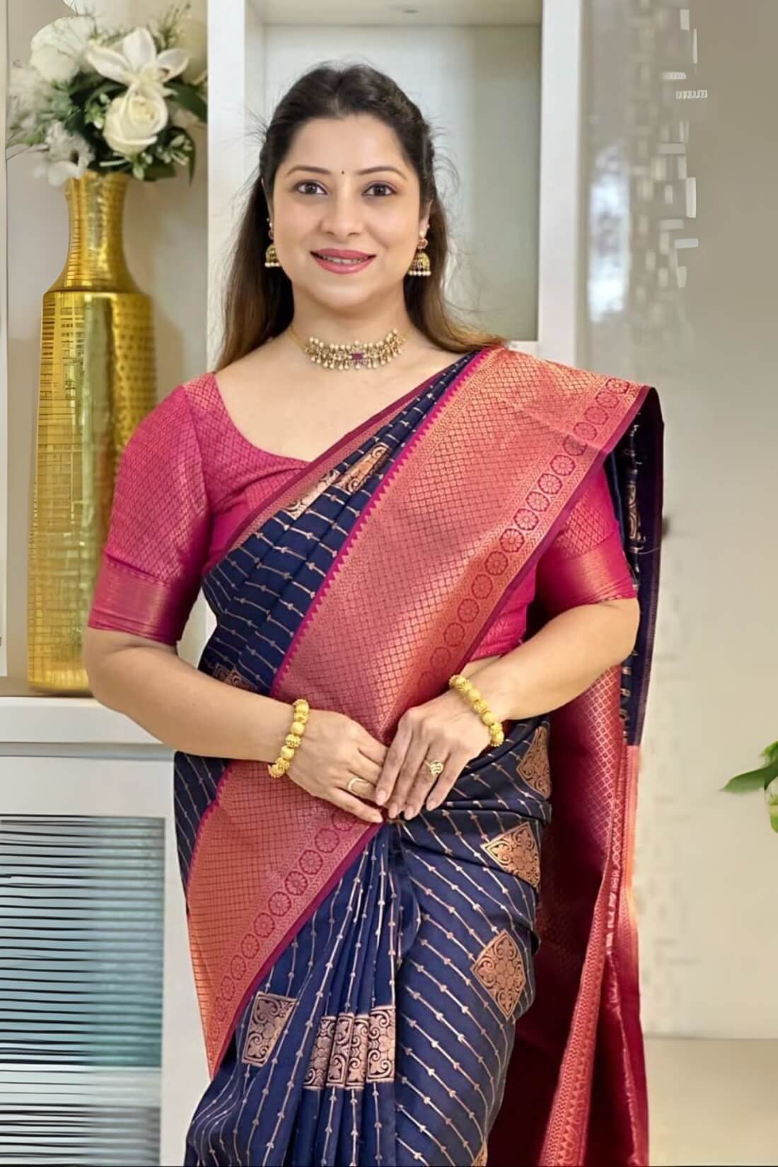 Evocative Navy Blue Soft Silk Saree With Scintilla Blouse Piece