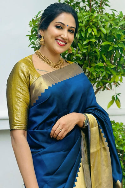 Rhapsody Navy Blue Soft Silk Saree With Fairytale Blouse Piece