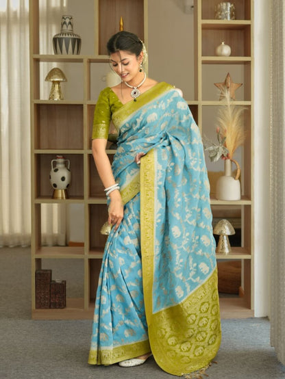 Devastating Sky Soft Silk Saree With Glamorous Blouse Piece