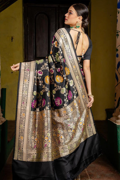 Vestigial Black Soft Silk Saree With Panoply Blouse Piece