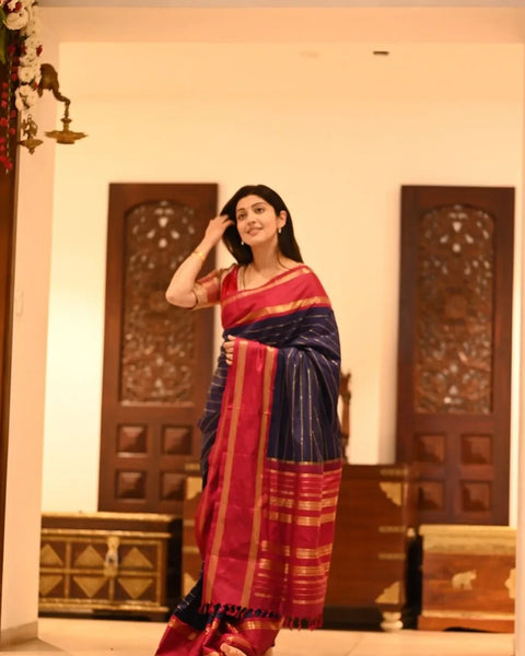 Angelic Navy Blue Soft Silk Saree With Diaphanous Blouse Piece