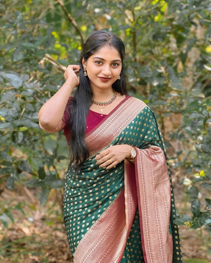 Felicitous Dark Green Soft Silk Saree With Seraglio Blouse Piece