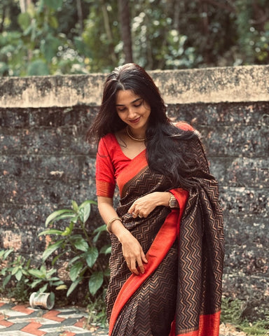 Gossamer Black Soft Silk Saree With Demure Blouse Piece