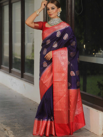 Embrocation Navy Blue Soft Silk Saree With Glowing Blouse Piece