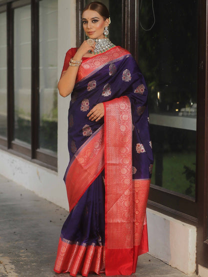 Embrocation Navy Blue Soft Silk Saree With Glowing Blouse Piece