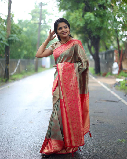 Desuetude Sea Green Soft Silk Saree With Magnificat Blouse Piece