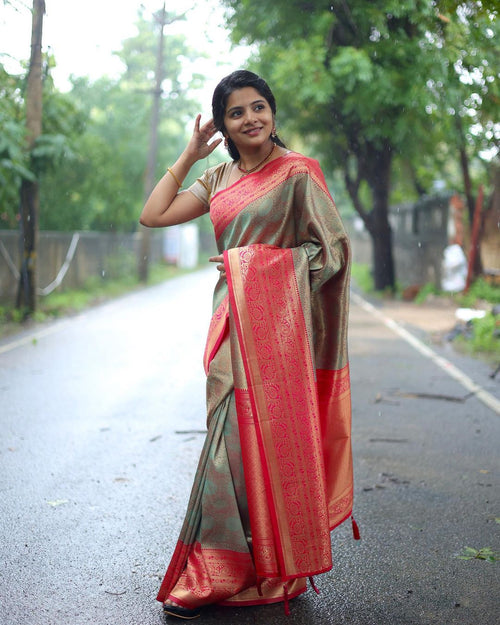 Desuetude Sea Green Soft Silk Saree With Magnificat Blouse Piece