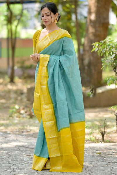 Ebullience Firozi Soft Silk Saree With Artistic Blouse Piece