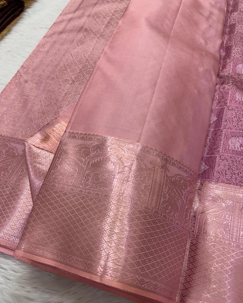 Innovative Baby Pink Soft Silk Saree With Vestigial Blouse Piece